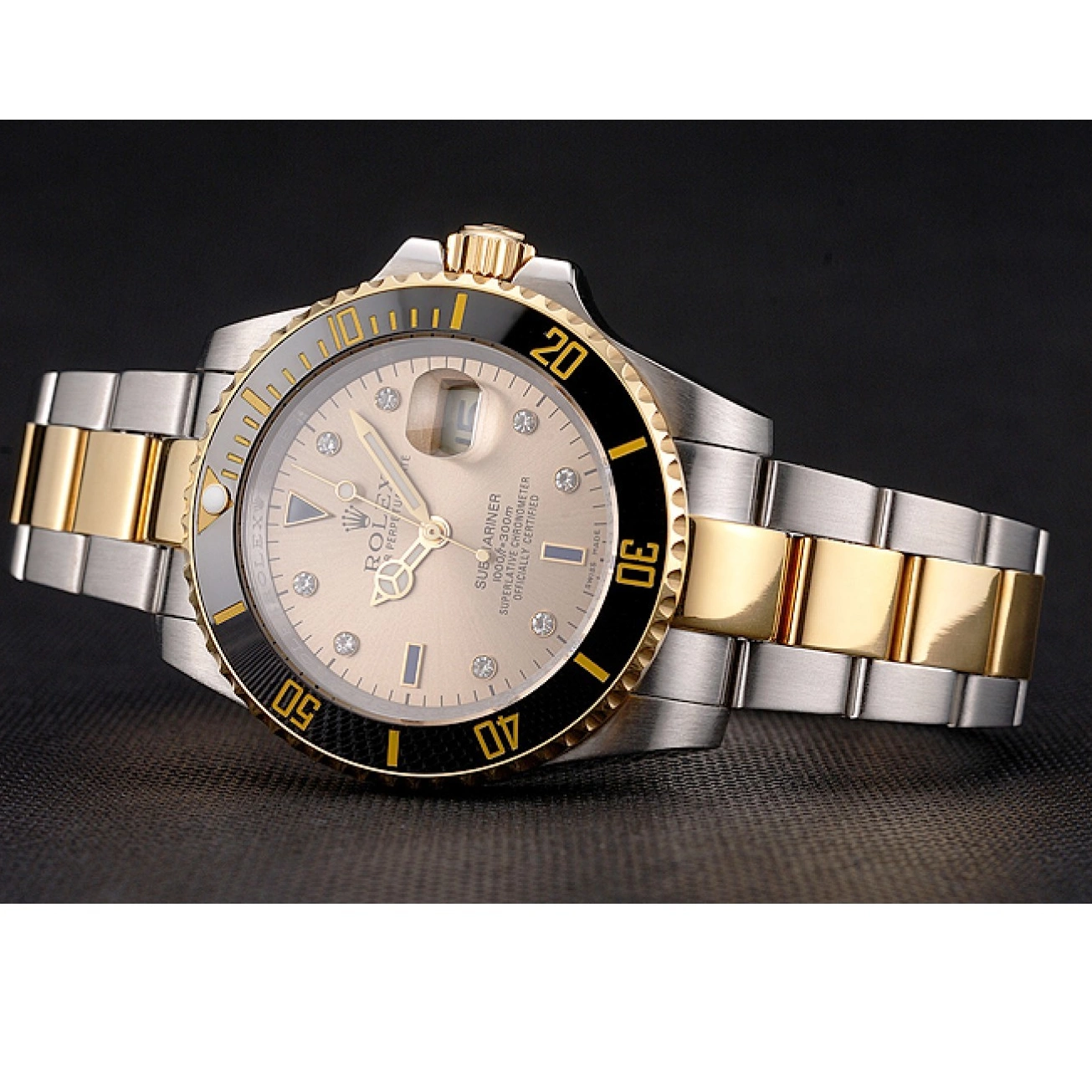Aaa replica Bezel Black Markings Steel Swiss Diamond Tone Rolex Submariner Bracelet Dial Gold Two Gold 0521
